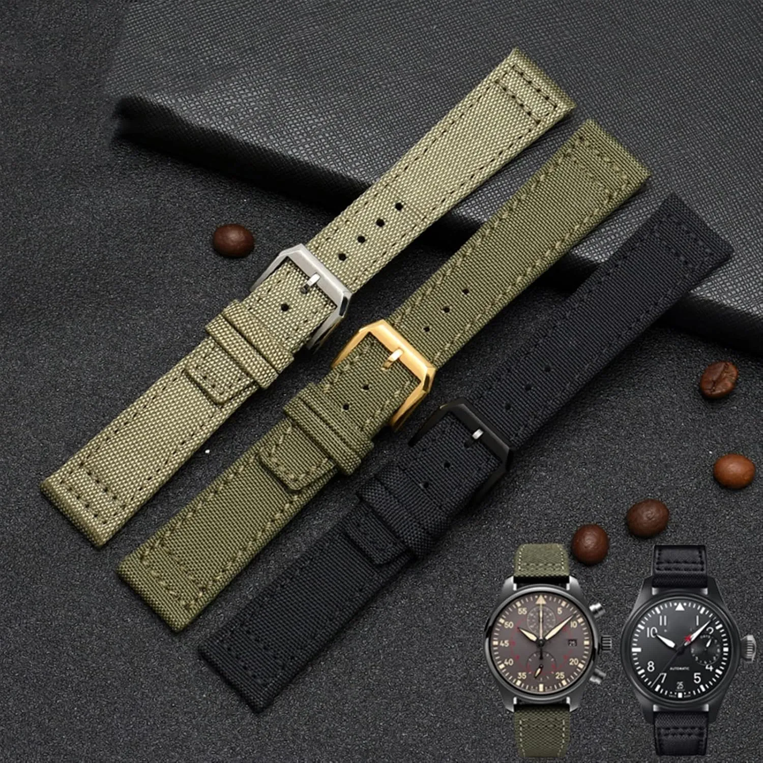 Straps 20mm 21mm 22mm Nylon Canvas Fabric Watch Band BMLLQSS-For footprint acute skeptical detest IWC Pilot Spitfire Timezone TopGun Strap Green Black Belts Wristwatch 