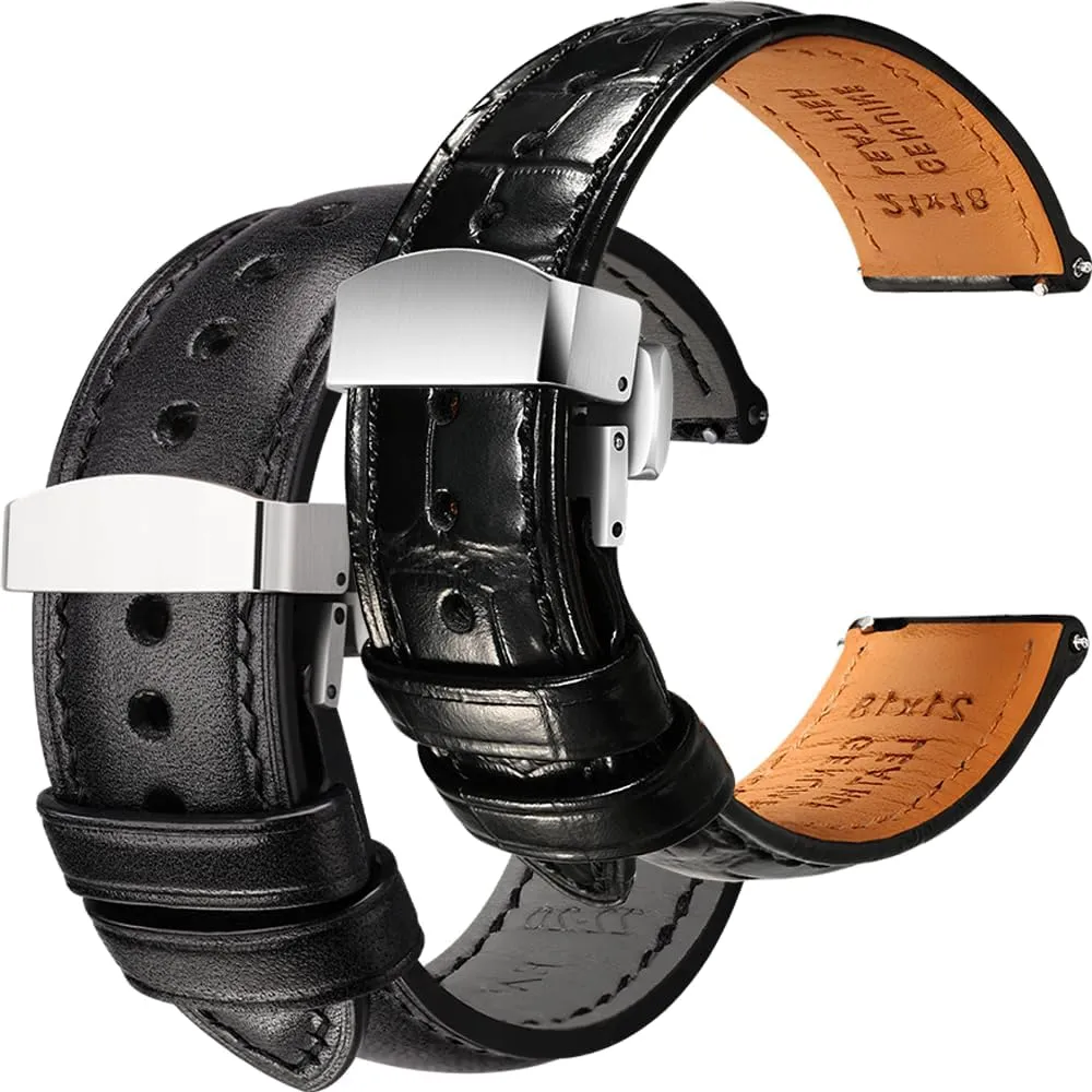 Straps Bundle - Black & Deployant Clasp, 22mm REZERO Luxury mainsheet Alligator Grain Leather and Tuscan, Italy Full Grain Leather Watch 