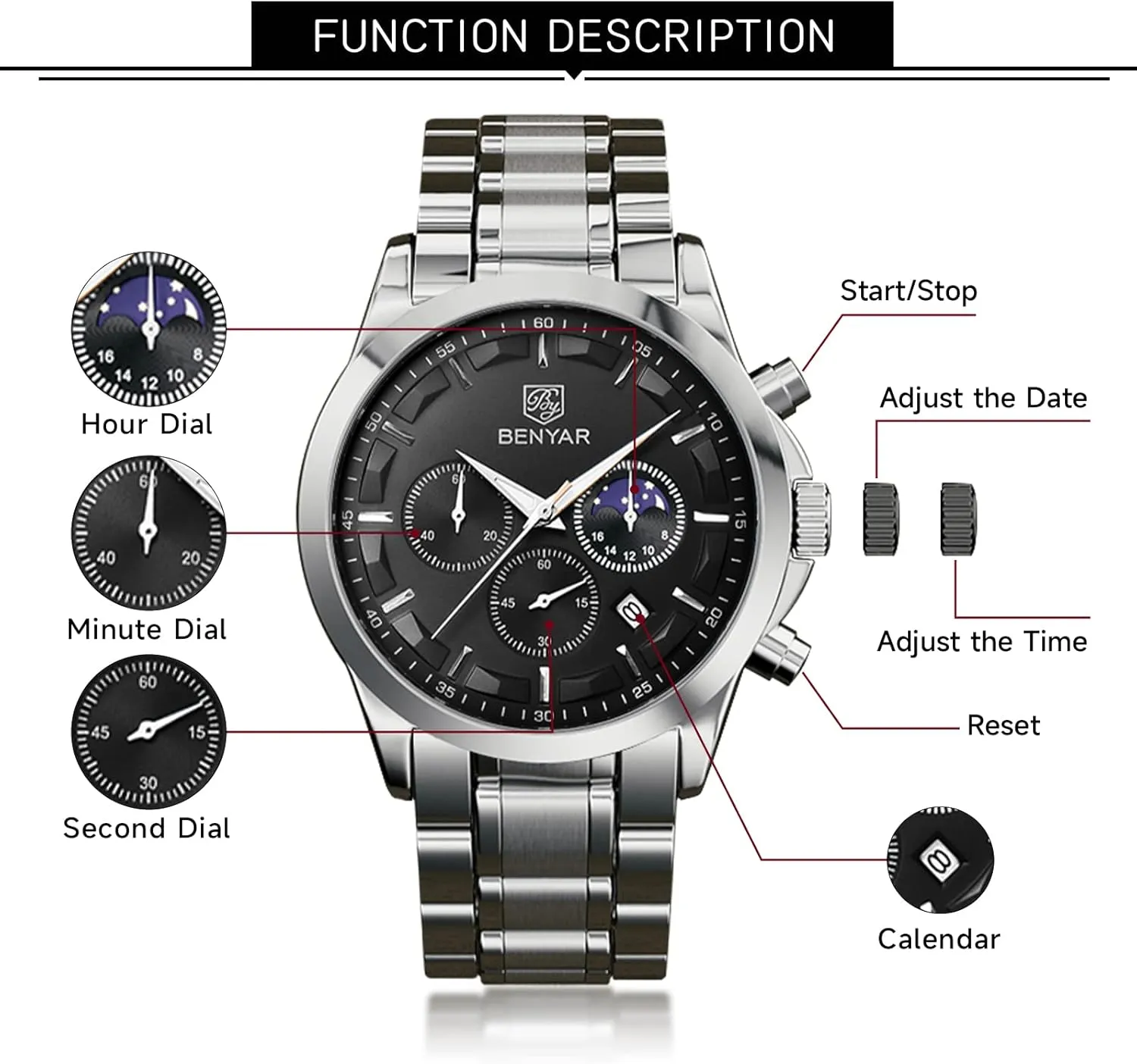 Stylish Business Sports Waterproof Wristwatch Elegant Gift Brown Leather Strap BENYAR Mens Watches Chronograph Analog Quartz Watch proterozoic wrap Silver Black Stainless Steel Watch for Men 