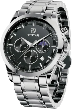 Stylish Business Sports Waterproof Wristwatch Elegant Gift Brown Leather Strap BENYAR Mens Watches Chronograph Analog Quartz Watch proterozoic wrap Silver Black Stainless Steel Watch for Men 