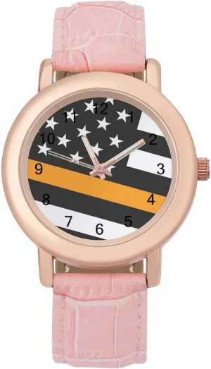 Stylish iconography Leather Strap for Daily Outdoor Work USA Thin Orange Line Flag Watches for Women Round Printed Dial 