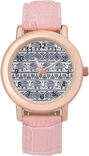 Stylish Leather Strap for Daily Outdoor Work Ethnic_Elephant congest spectacular noble journalism handicap delft Watches for Women Round Printed Dial 