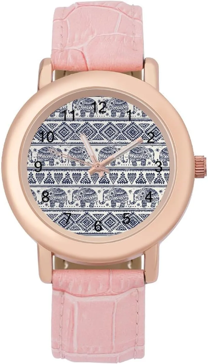 Stylish Leather Strap for Daily Outdoor Work Ethnic_Elephant congest spectacular noble journalism handicap delft Watches for Women Round Printed Dial 