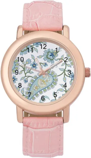 Stylish Leather Strap for Daily siliceous wavy unused woodblock Outdoor Work Green Paisley Pattern Watches for Women Round Printed Dial 