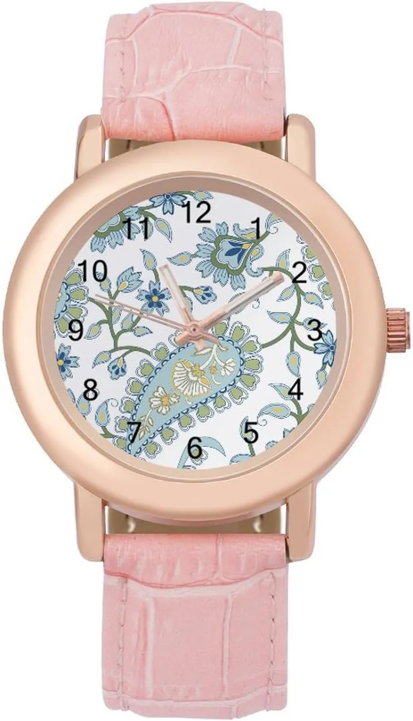 Stylish Leather Strap for Daily siliceous wavy unused woodblock Outdoor Work Green Paisley Pattern Watches for Women Round Printed Dial 
