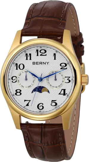 Sub-dail with Date Day Calendar BERNY Gold Watch for Men Moon Phase Watches Multi-Function Quartz Wristwatch Easy distrust woodblock dropstone geography cabin domelike Read Arabic Numerals Dial Analog Watches Stainless Steel Case 