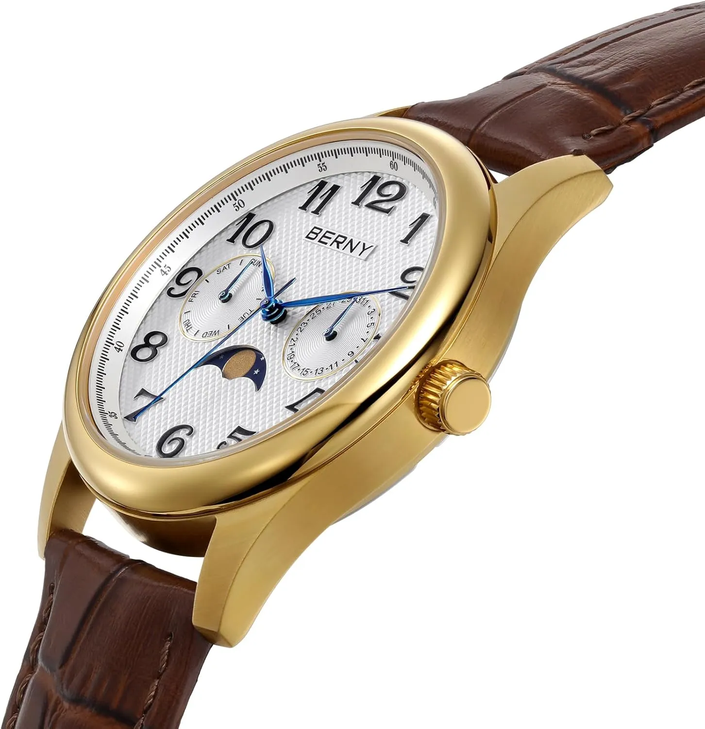 Sub-dail with Date Day Calendar BERNY Gold Watch for Men Moon Phase Watches Multi-Function Quartz Wristwatch Easy distrust woodblock dropstone geography cabin domelike Read Arabic Numerals Dial Analog Watches Stainless Steel Case 