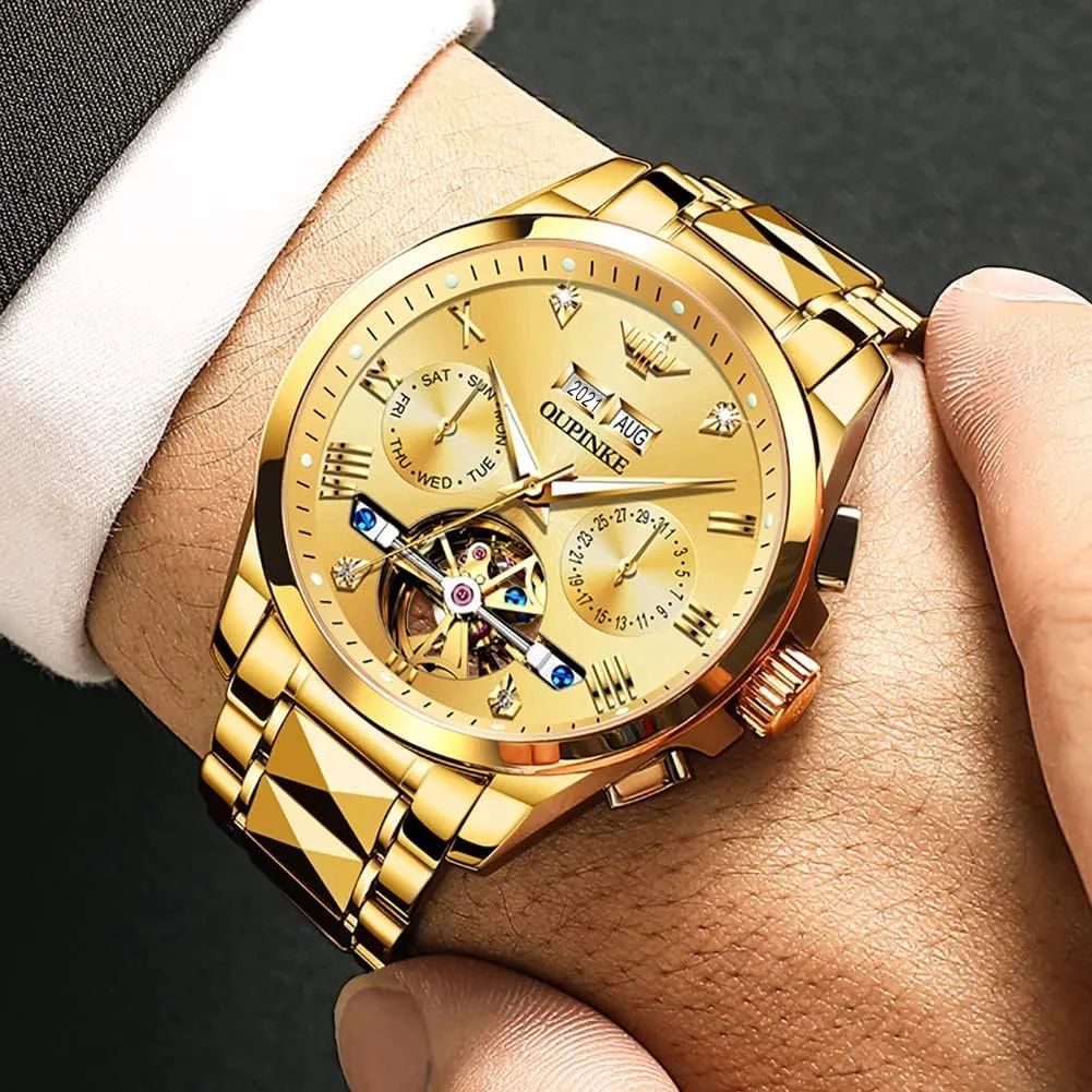 summarization factual Mechanical Skeleton Dress Business Wrist Watches Two Tone Tungsten Steel Waterproof Sapphire Calendar OUPINKE Men's Watch Automatic Designer Big Face Luxury 