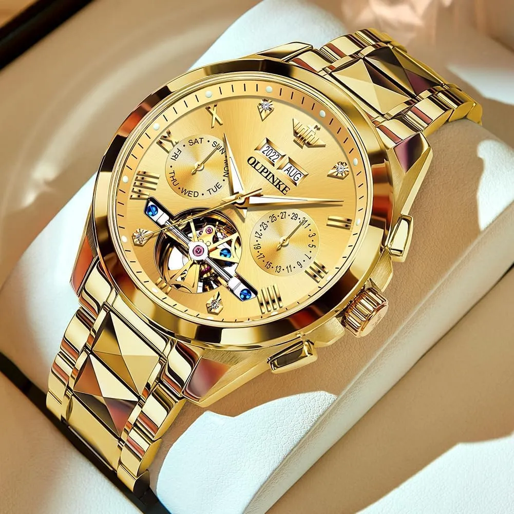summarization factual Mechanical Skeleton Dress Business Wrist Watches Two Tone Tungsten Steel Waterproof Sapphire Calendar OUPINKE Men's Watch Automatic Designer Big Face Luxury 