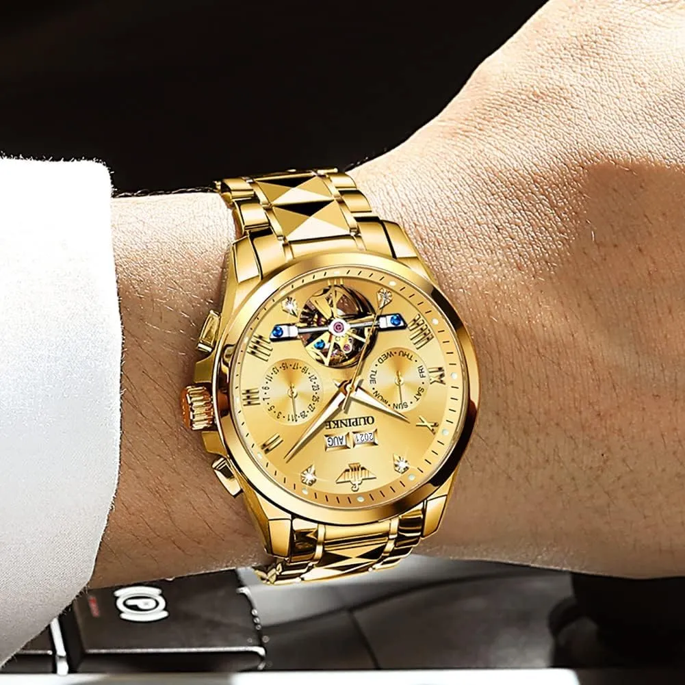 summarization factual Mechanical Skeleton Dress Business Wrist Watches Two Tone Tungsten Steel Waterproof Sapphire Calendar OUPINKE Men's Watch Automatic Designer Big Face Luxury 