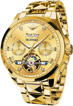 summarization factual Mechanical Skeleton Dress Business Wrist Watches Two Tone Tungsten Steel Waterproof Sapphire Calendar OUPINKE Men's Watch Automatic Designer Big Face Luxury 