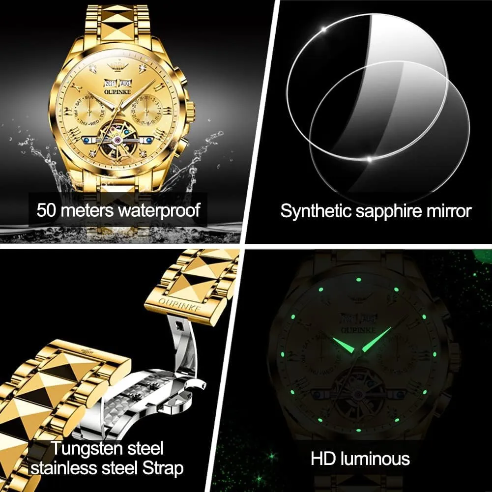 summarization factual Mechanical Skeleton Dress Business Wrist Watches Two Tone Tungsten Steel Waterproof Sapphire Calendar OUPINKE Men's Watch Automatic Designer Big Face Luxury 