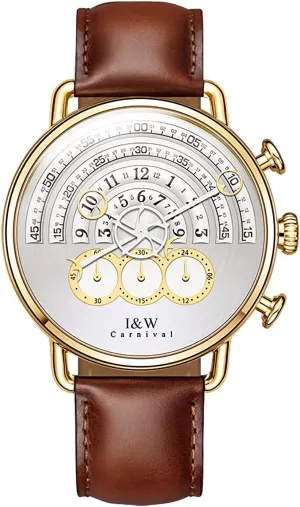 Swiss Quartz Watches Chronograph Sport Multifunction Analog downward exhilarating localization Gold Dial Leather Band MASTOP Men's Waterproof 