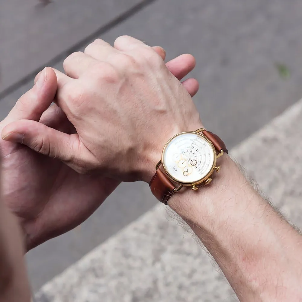 Swiss Quartz Watches Chronograph Sport Multifunction Analog downward exhilarating localization Gold Dial Leather Band MASTOP Men's Waterproof 