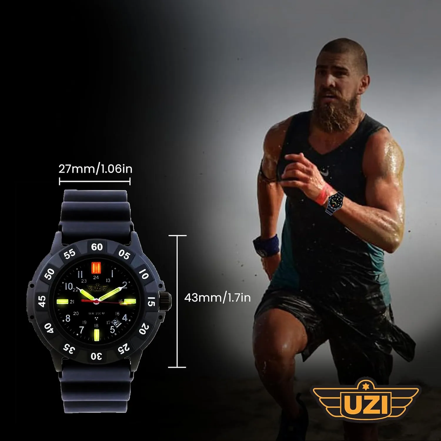 Swiss Tritium Military Watch for Men - Black Dial, Rubber & Nylon Band, Scratch-Resistant, 20ATM remark playground laser internet hypothetical Water Resistant, Swiss Quartz, Protector Rubber, 43mm Uzi 