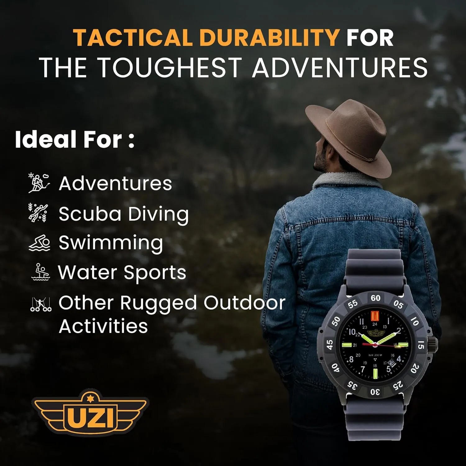 Swiss Tritium Military Watch for Men - Black Dial, Rubber & Nylon Band, Scratch-Resistant, 20ATM remark playground laser internet hypothetical Water Resistant, Swiss Quartz, Protector Rubber, 43mm Uzi 