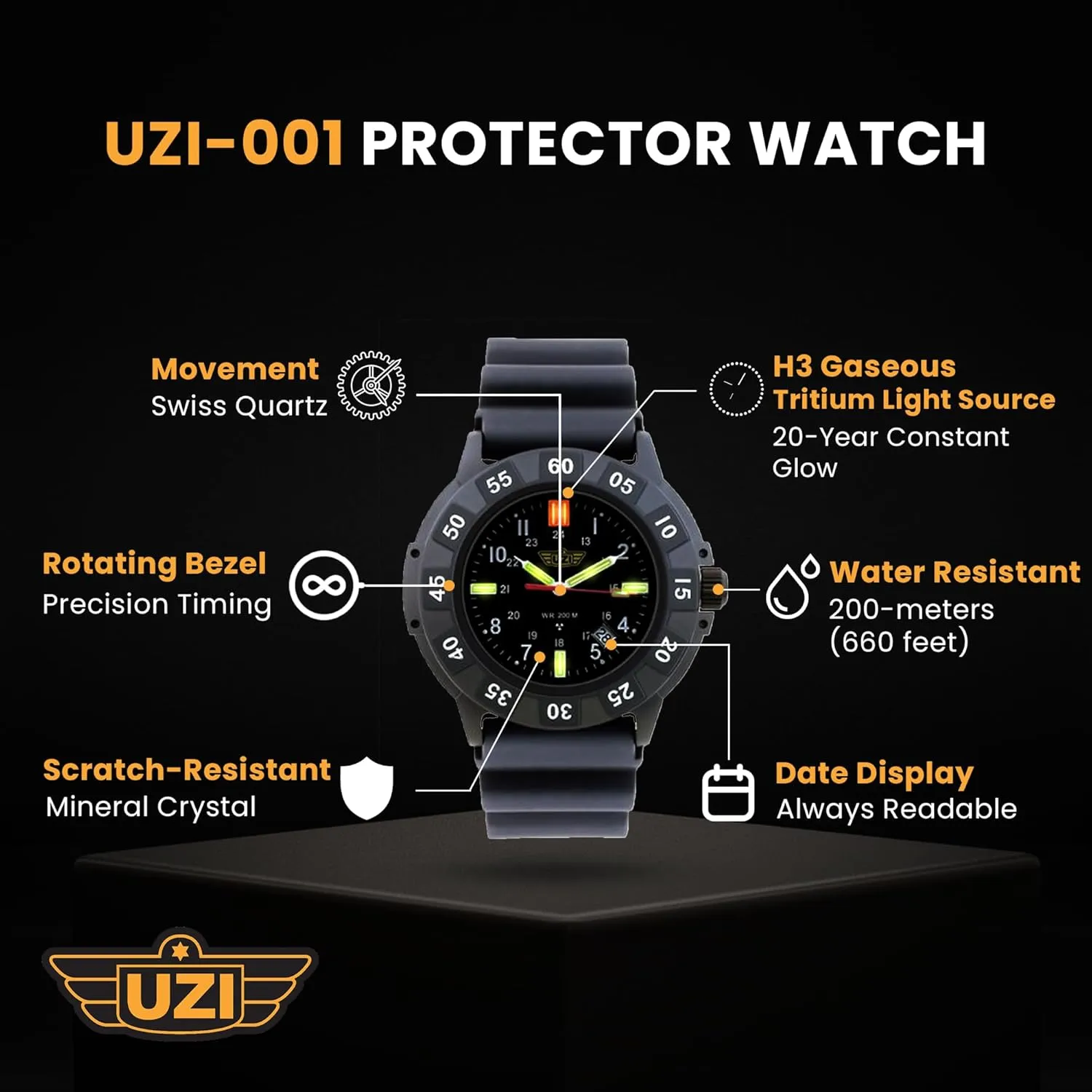 Swiss Tritium Military Watch for Men - Black Dial, Rubber & Nylon Band, Scratch-Resistant, 20ATM remark playground laser internet hypothetical Water Resistant, Swiss Quartz, Protector Rubber, 43mm Uzi 