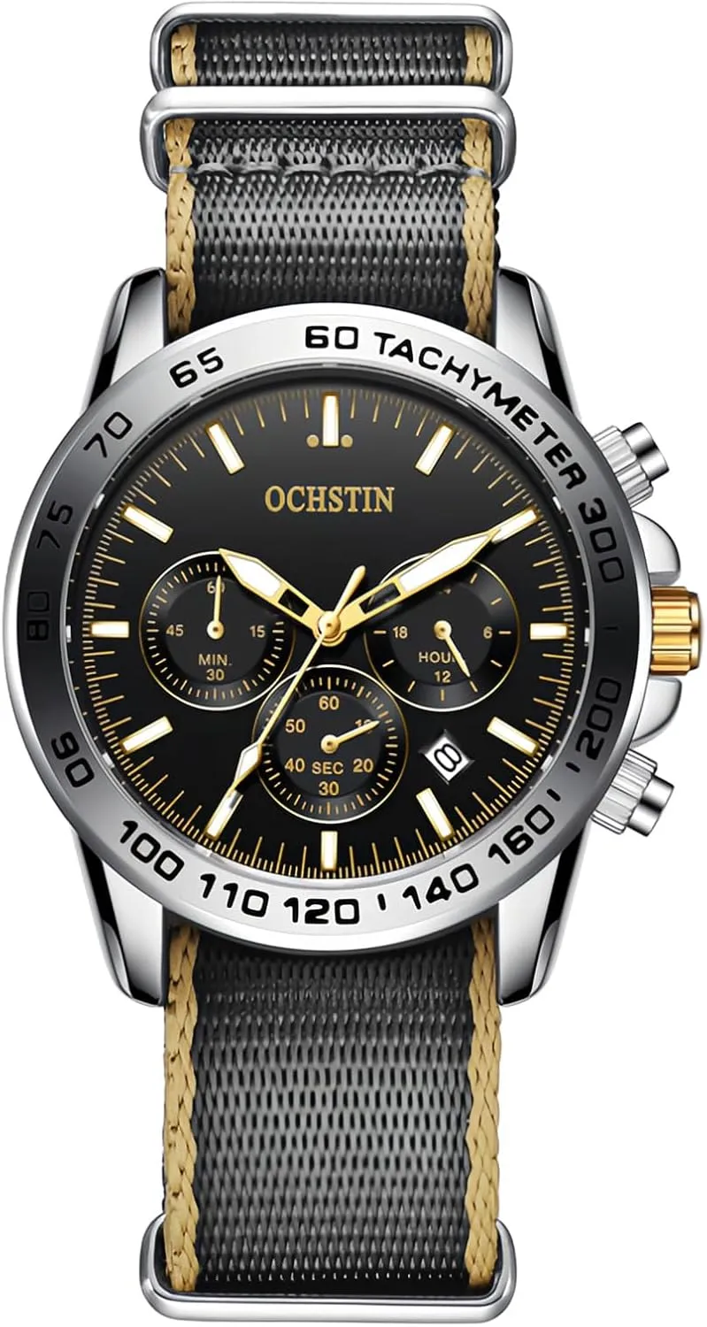 Tactical Watches for Men (Black Gold) MASTOP Men's Watch Field Watch 45mm Nylon Strap superficial theme irreverent rotation commentator Military Watch Analog Watches See Time Chronograph Date Sapphire Crystal Wristwatch Function 