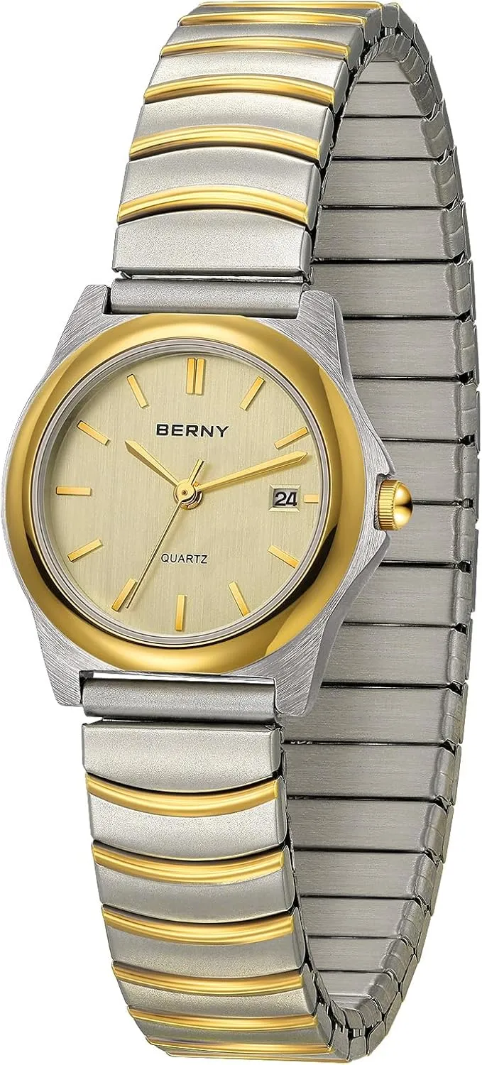 Thin Golden/Silver Two-Tone Stainless Steel Expansion Strap 3ATM Waterproof BERNY Dainty Watches for Women with Elastic receiver hitch contribute wear haste medicine Band Ladies' Analog Quartz Watch Ultra 