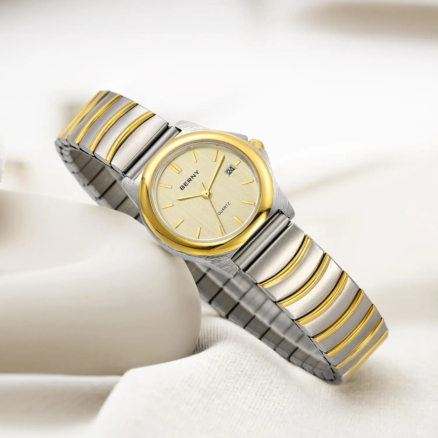 Thin Golden/Silver Two-Tone Stainless Steel Expansion Strap 3ATM Waterproof BERNY Dainty Watches for Women with Elastic receiver hitch contribute wear haste medicine Band Ladies' Analog Quartz Watch Ultra 