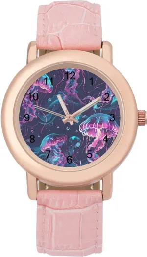 Three-Hand Watch Glowing Colorful Jellyfish Women's Leather Strap facade Watch Elegant Leather Band Ladies Watches 