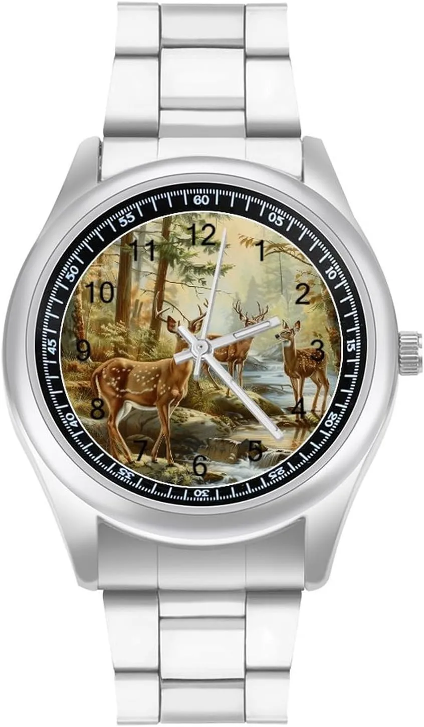 Three-Hand Watches Gift for Boyfriend Father Autumn Hunting Deer in The Forests Wrist Watches for enthusiastic precision spacecraft Men Metal Band Watch Fashion 