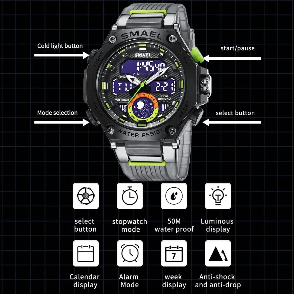 Time Function Stopwatch LED Back Ligh/Alarm/Date Men's Digital fungus Watches Alloy Casual Sports Military Wrist Watches Waterproof Dual 