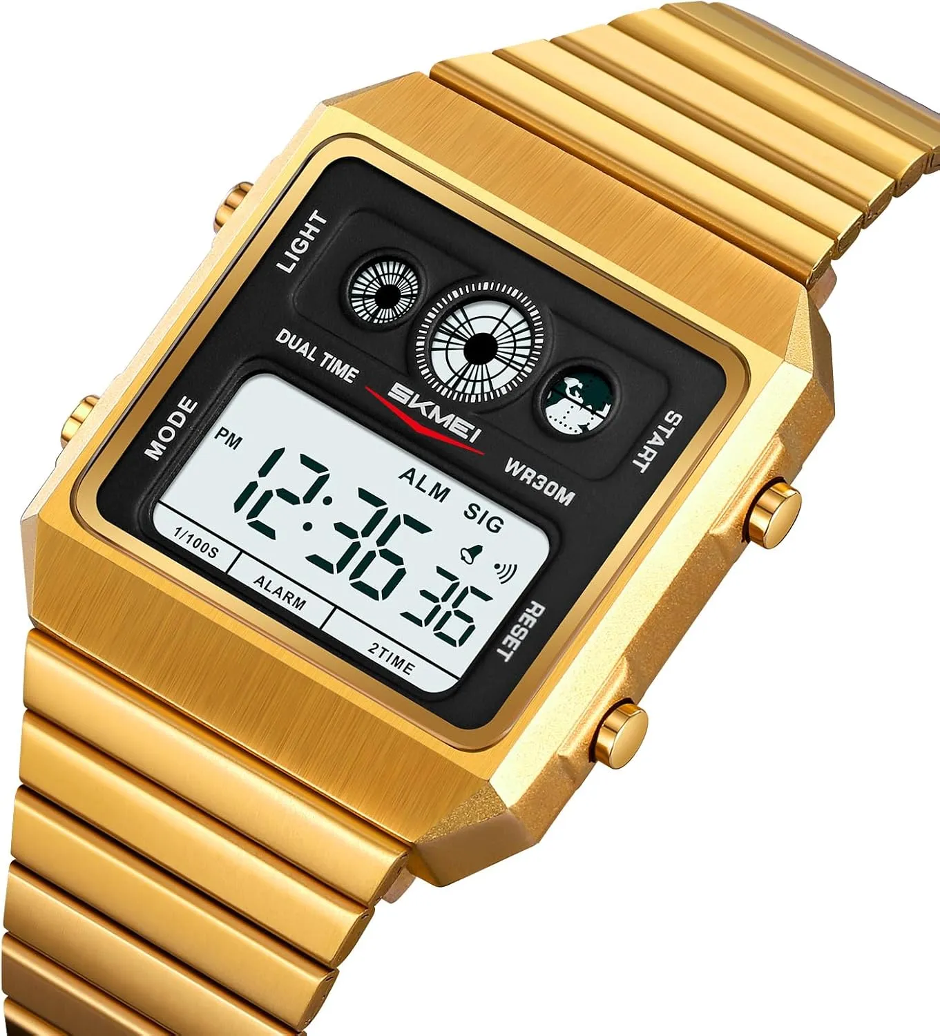 Time, Stopwatch Gosasa Fashion Men's Digital Watch Multifunctional waterfront Sport Business Ultra-Thin Wristwatch Stainless Steel Band with EL Backlight, Dual 