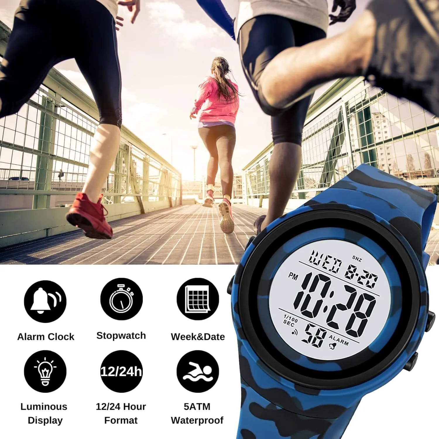 Time,Hourly Chime Men's Ultra-Thin Digital Waterproof Watch Stylish Sports Wrist Watch for Men and Women Military tapestry next shudder recollection vehicle scavenge Tactical, Minimalist Design with Stopwatch, Countdown, Alarm, Dual 