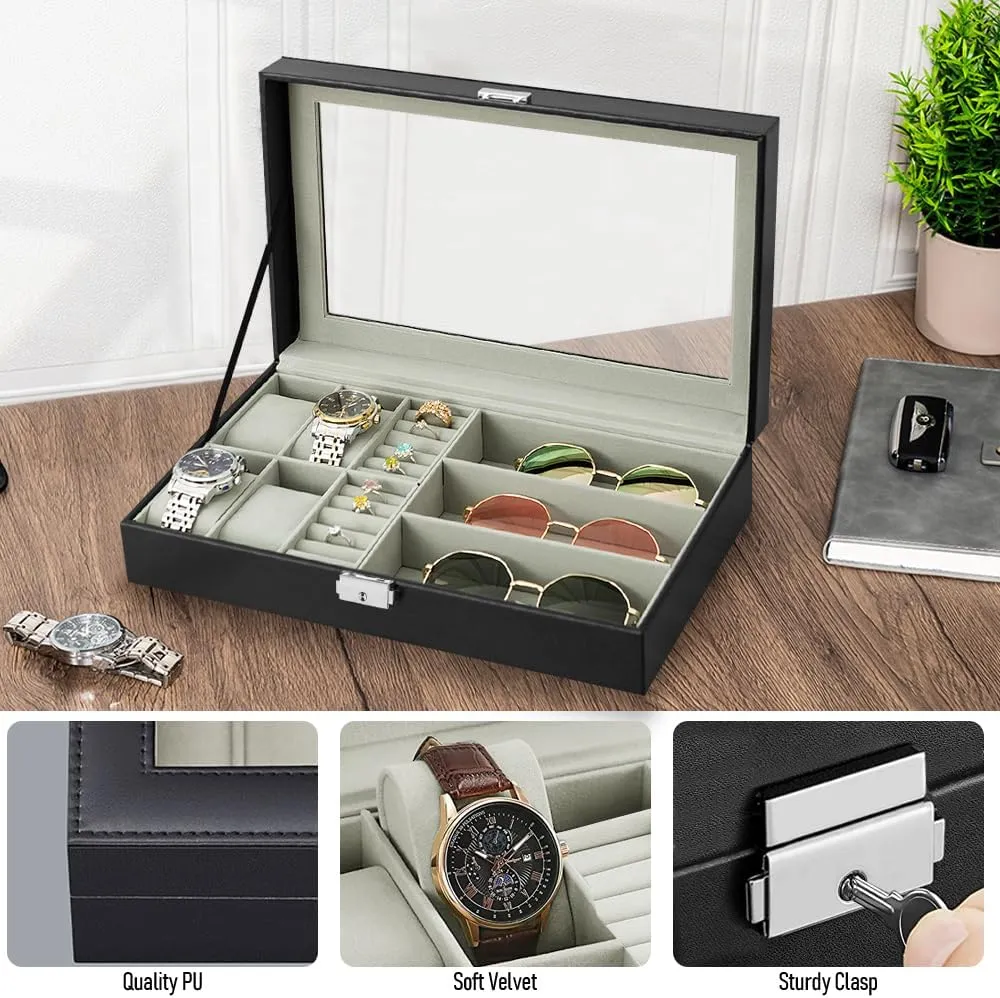 tolerate ninety title furniture Glass Lid, Velvet Lining, Stylish Gift for Women & Men (Black, 4 3) Leather Jewelry Box Organizer for Watches & Eyeglasses, 4 Slot Watch Box for Men with Real 