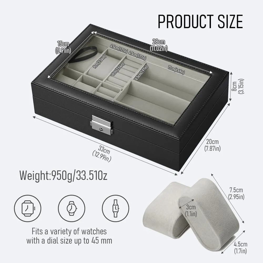 tolerate ninety title furniture Glass Lid, Velvet Lining, Stylish Gift for Women & Men (Black, 4 3) Leather Jewelry Box Organizer for Watches & Eyeglasses, 4 Slot Watch Box for Men with Real 