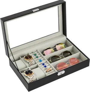 tolerate ninety title furniture Glass Lid, Velvet Lining, Stylish Gift for Women & Men (Black, 4 3) Leather Jewelry Box Organizer for Watches & Eyeglasses, 4 Slot Watch Box for Men with Real 