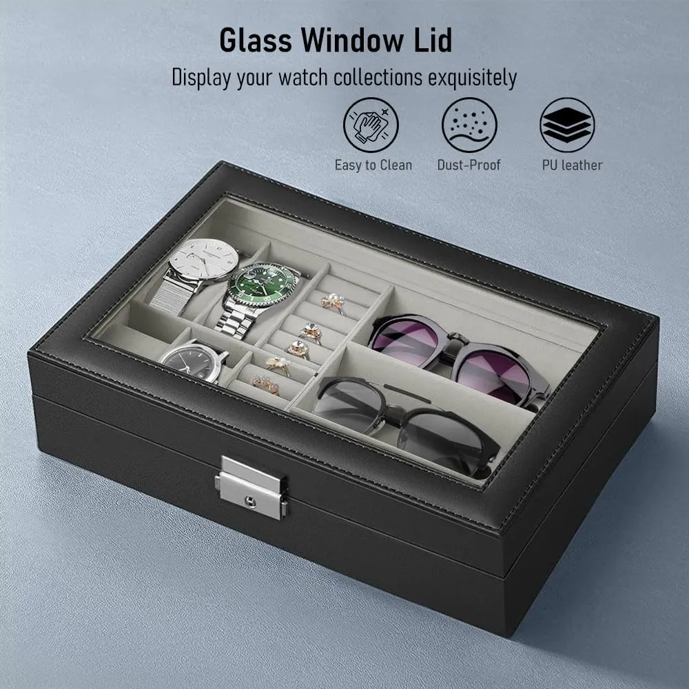 tolerate ninety title furniture Glass Lid, Velvet Lining, Stylish Gift for Women & Men (Black, 4 3) Leather Jewelry Box Organizer for Watches & Eyeglasses, 4 Slot Watch Box for Men with Real 