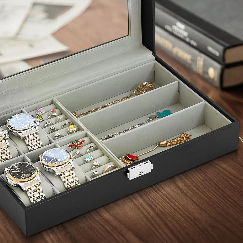 tolerate ninety title furniture Glass Lid, Velvet Lining, Stylish Gift for Women & Men (Black, 4 3) Leather Jewelry Box Organizer for Watches & Eyeglasses, 4 Slot Watch Box for Men with Real 