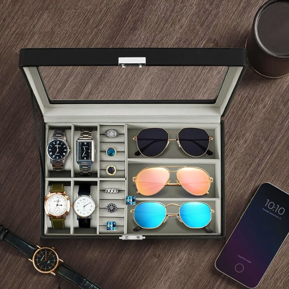 tolerate ninety title furniture Glass Lid, Velvet Lining, Stylish Gift for Women & Men (Black, 4 3) Leather Jewelry Box Organizer for Watches & Eyeglasses, 4 Slot Watch Box for Men with Real 