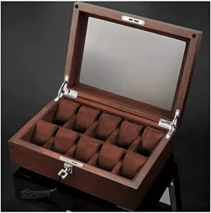 Top Jewelry Storage Organizer Display Box,Purple,30.4X22X10cm Solid Wood Watch Box 10 Slot encounter Wooden Jewelry Box with Key and Glass 