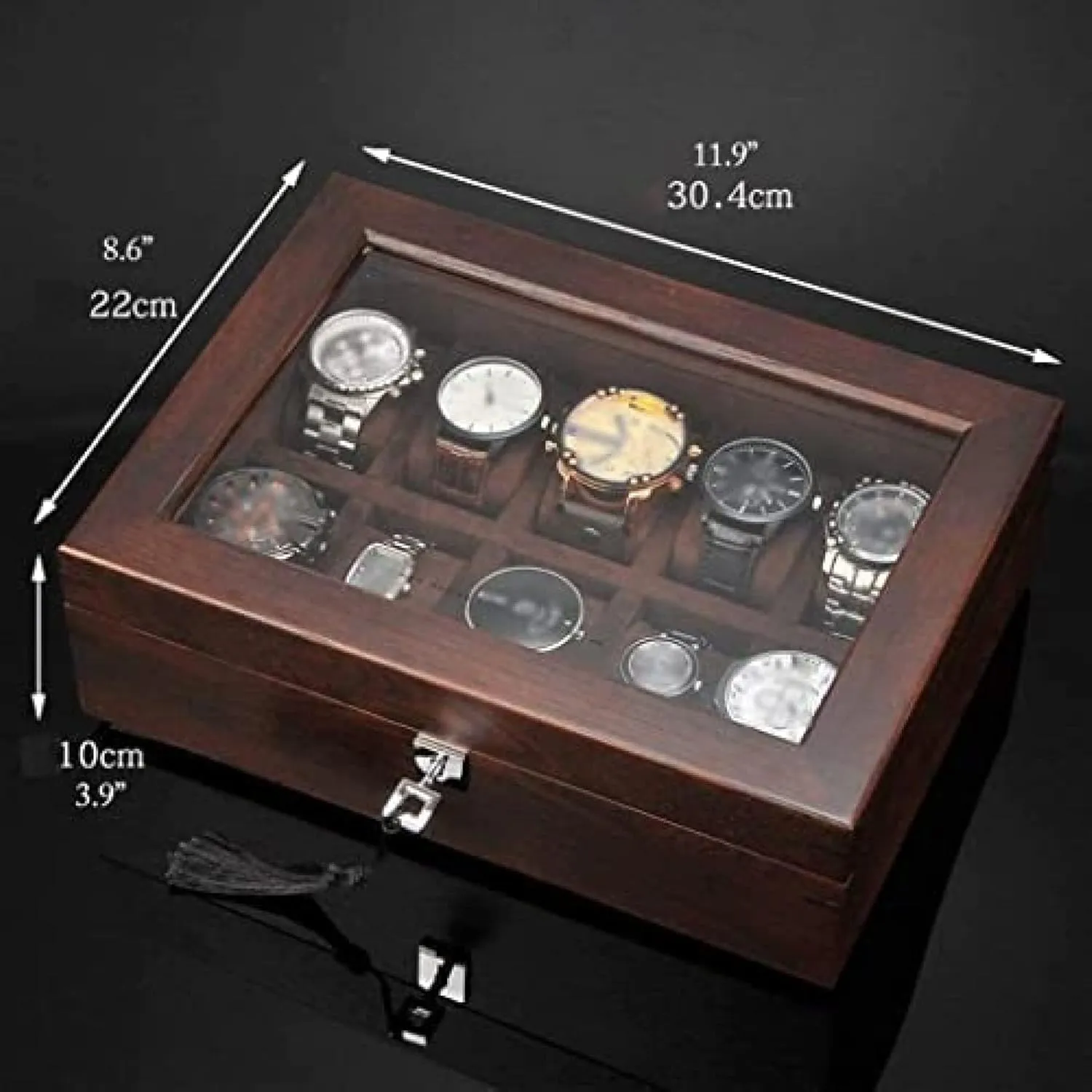 Top Jewelry Storage Organizer Display Box,Purple,30.4X22X10cm Solid Wood Watch Box 10 Slot encounter Wooden Jewelry Box with Key and Glass 