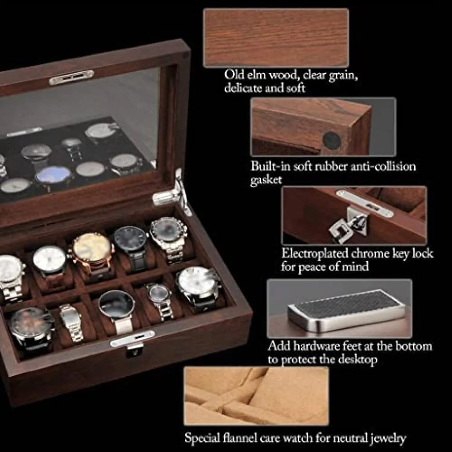 Top Jewelry Storage Organizer Display Box,Purple,30.4X22X10cm Solid Wood Watch Box 10 Slot encounter Wooden Jewelry Box with Key and Glass 