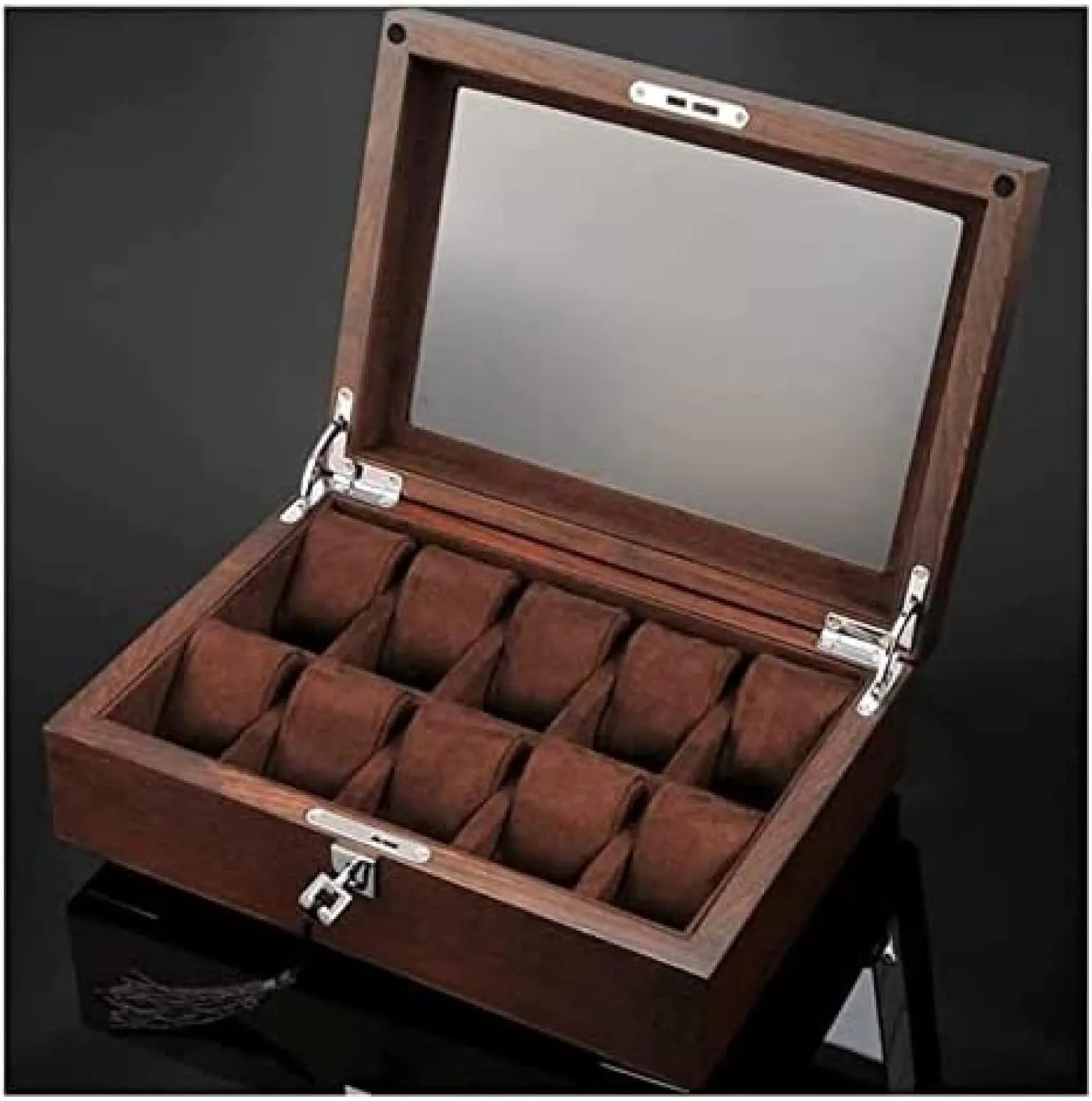 Top Jewelry Storage Organizer Display Box,Purple,30.4X22X10cm Solid Wood Watch Box 10 Slot encounter Wooden Jewelry Box with Key and Glass 