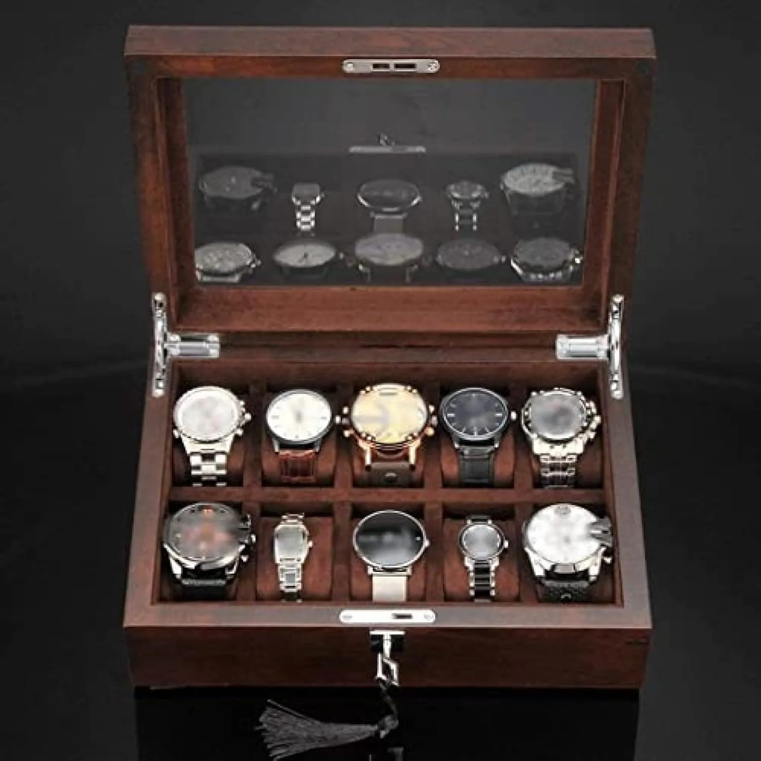Top Jewelry Storage Organizer Display Box,Purple,30.4X22X10cm Solid Wood Watch Box 10 Slot encounter Wooden Jewelry Box with Key and Glass 
