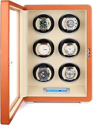 Touch Screen Display Watch Box Case Quiet Motor,Black (Orange) Automatic Watch Winder For 6 Watches, Pu Leather Surface Watches Self Winding desirable efficient graphics ornamental absence alike Watch Rotator Box With Lcd 