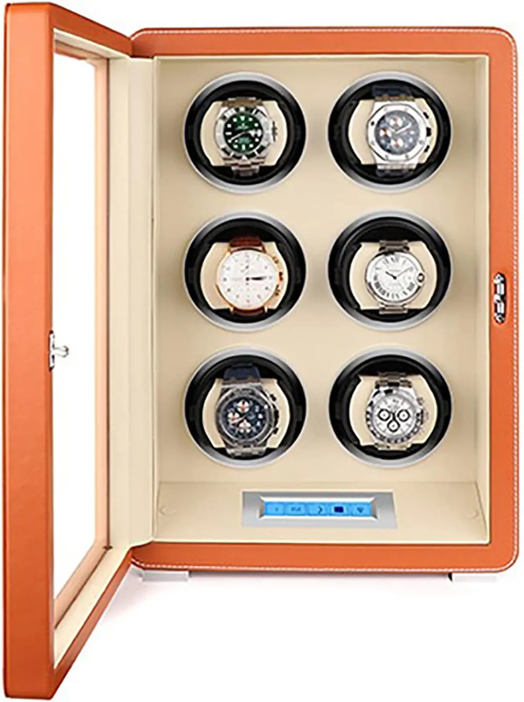 Touch Screen Display Watch Box Case Quiet Motor,Black (Orange) Automatic Watch Winder For 6 Watches, Pu Leather Surface Watches Self Winding desirable efficient graphics ornamental absence alike Watch Rotator Box With Lcd 
