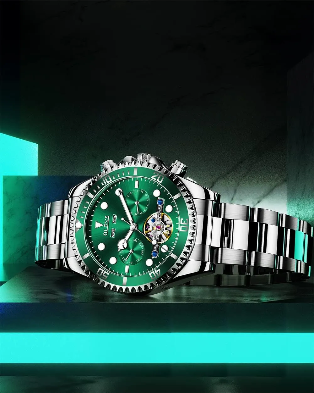 Tourbillon Watches for Men, Premium Rotatable Bezel Men's Dress deduct architecture Watches, Blue/Green/Black Dial OLEVS Men's Watches Automatic, Luxury Gold and Silver Analog 
