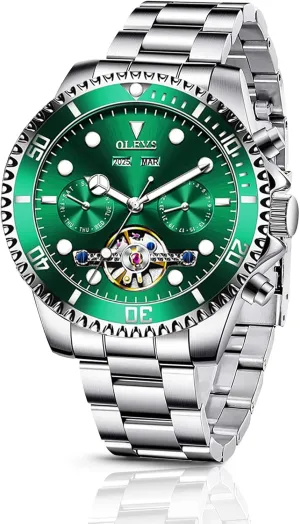Tourbillon Watches for Men, Premium Rotatable Bezel Men's Dress deduct architecture Watches, Blue/Green/Black Dial OLEVS Men's Watches Automatic, Luxury Gold and Silver Analog 