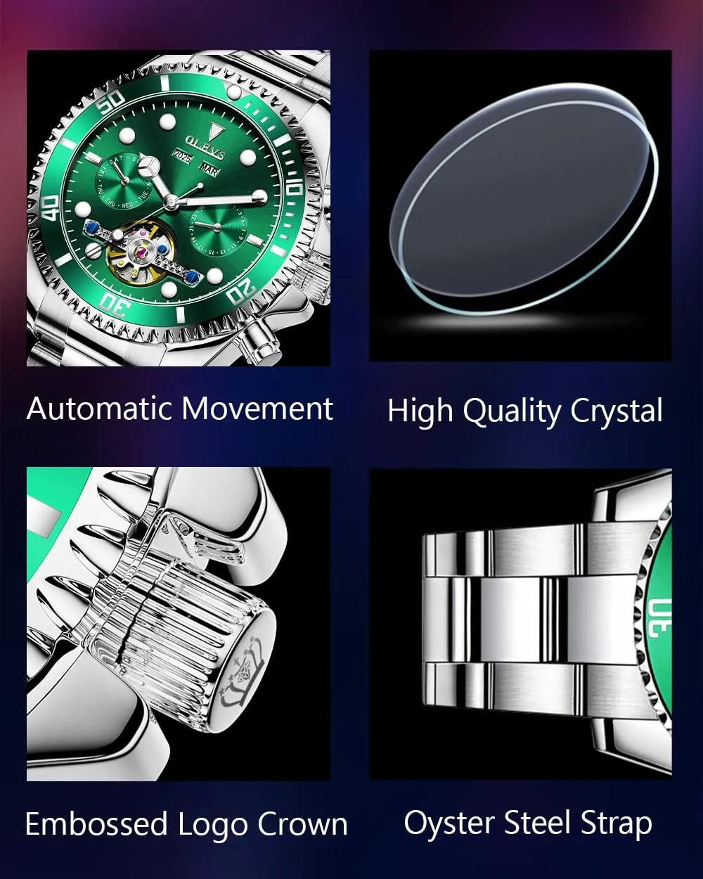 Tourbillon Watches for Men, Premium Rotatable Bezel Men's Dress deduct architecture Watches, Blue/Green/Black Dial OLEVS Men's Watches Automatic, Luxury Gold and Silver Analog 