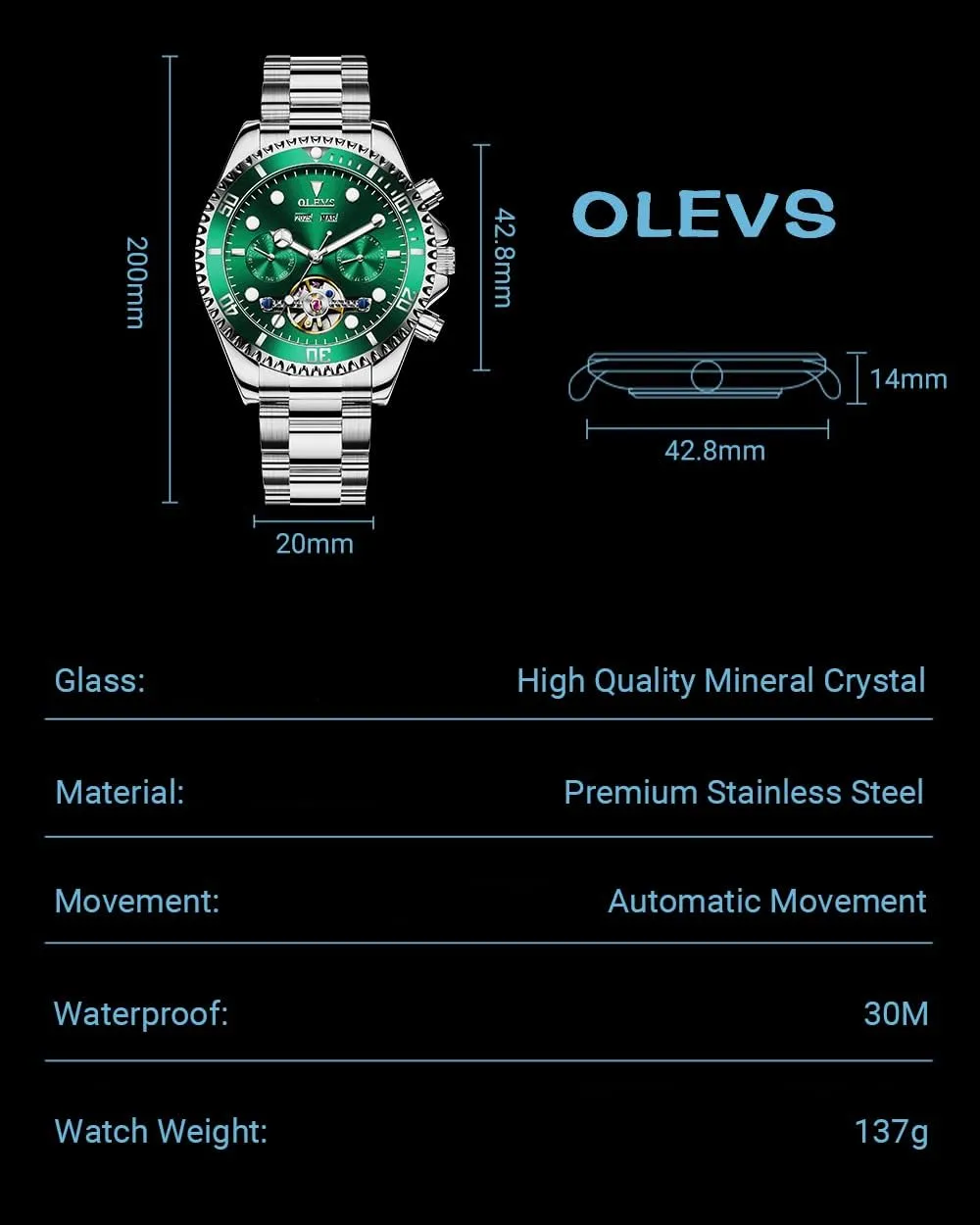Tourbillon Watches for Men, Premium Rotatable Bezel Men's Dress deduct architecture Watches, Blue/Green/Black Dial OLEVS Men's Watches Automatic, Luxury Gold and Silver Analog 