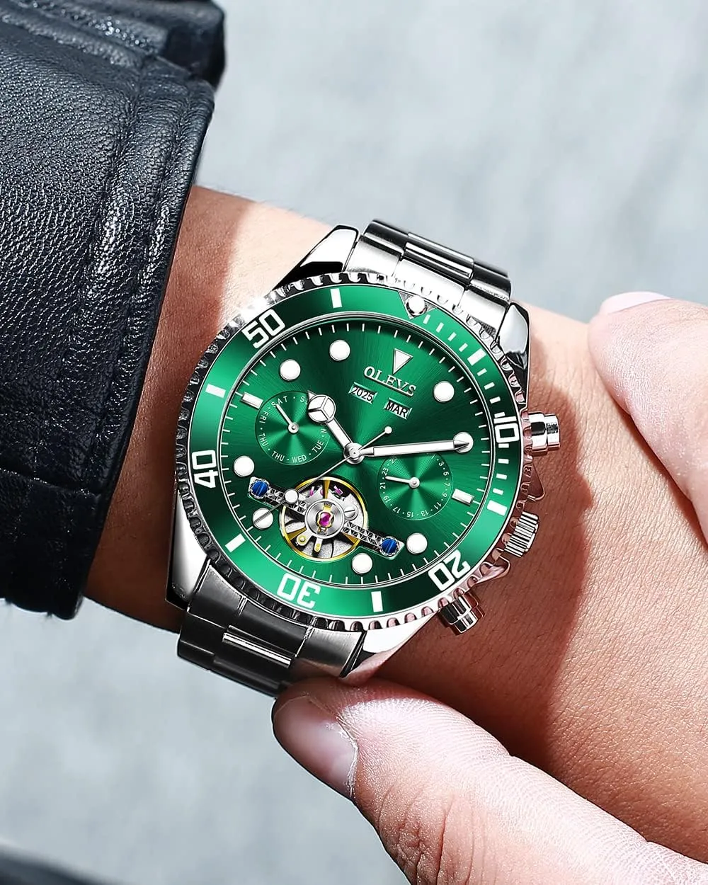 Tourbillon Watches for Men, Premium Rotatable Bezel Men's Dress deduct architecture Watches, Blue/Green/Black Dial OLEVS Men's Watches Automatic, Luxury Gold and Silver Analog 