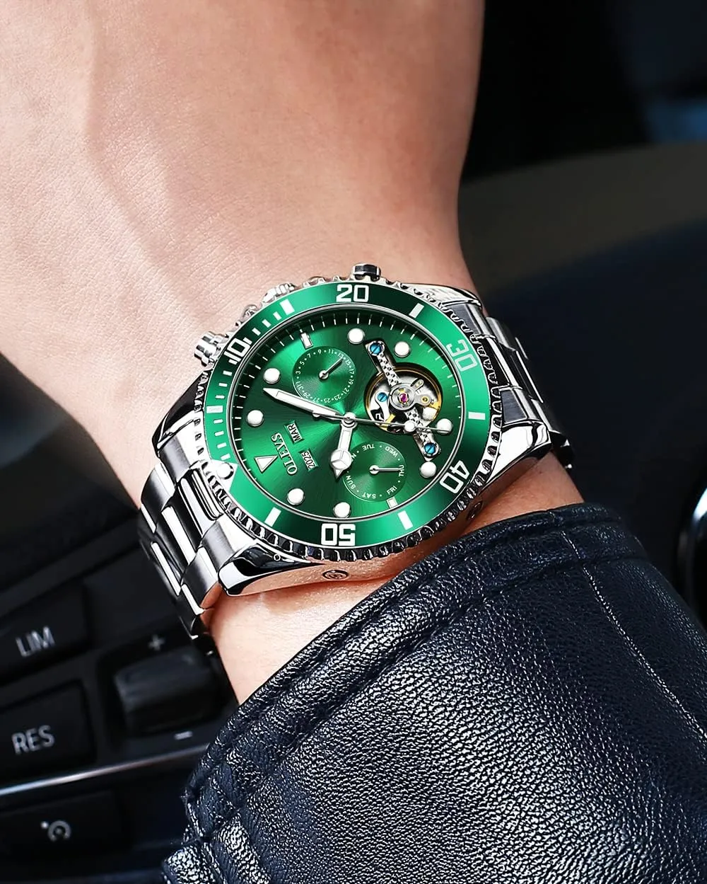 Tourbillon Watches for Men, Premium Rotatable Bezel Men's Dress deduct architecture Watches, Blue/Green/Black Dial OLEVS Men's Watches Automatic, Luxury Gold and Silver Analog 