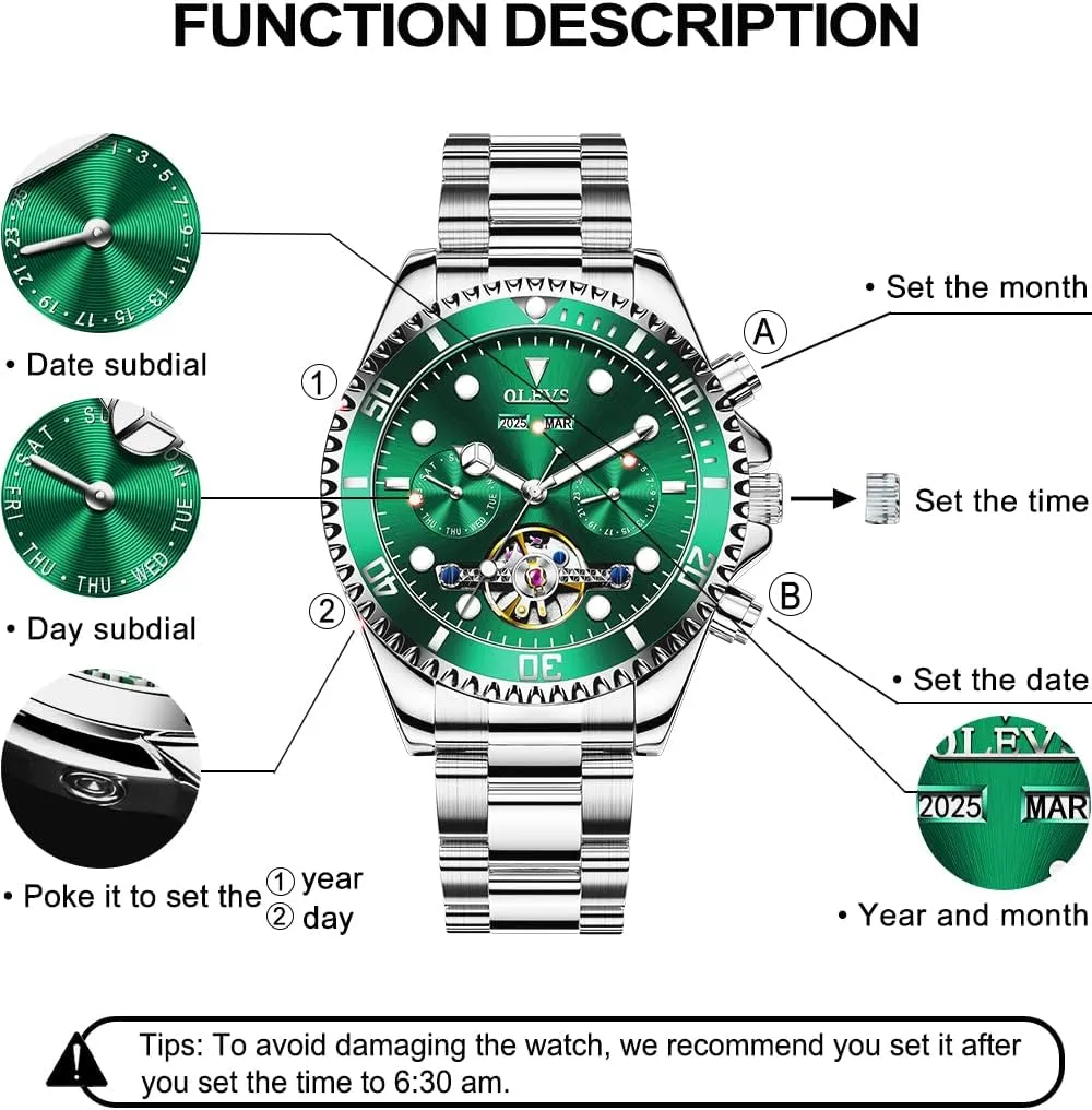 Tourbillon Watches for Men, Premium Rotatable Bezel Men's Dress deduct architecture Watches, Blue/Green/Black Dial OLEVS Men's Watches Automatic, Luxury Gold and Silver Analog 