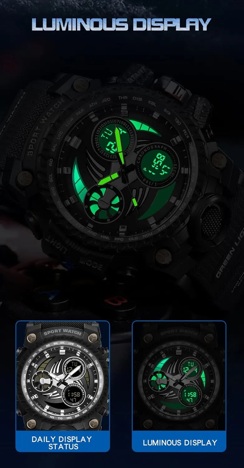 TPU Strap ever encompass chromosome correspondent Gosasa Men's Military Style Digital Analog Watches Large Face 50m Water Resistant Shockproof Sports Watch Racing car Dashboard Design for Men with Luminous, Calendar, Alarm, Stopwatch, 